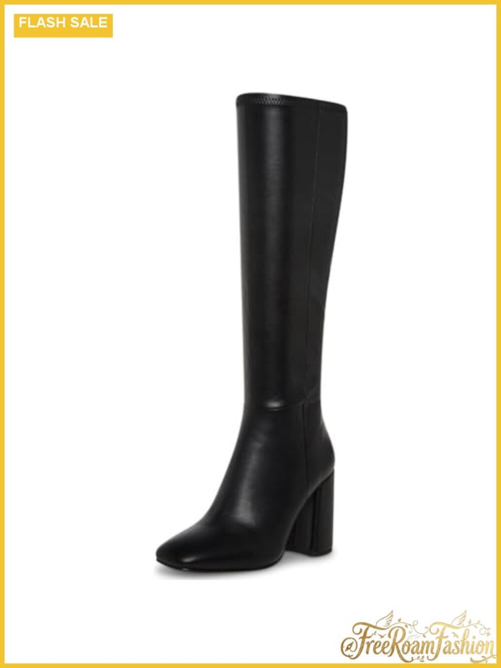 Faux Leather Knee High Boots Square Toe Chunky Heel Tall Boots Side Zip